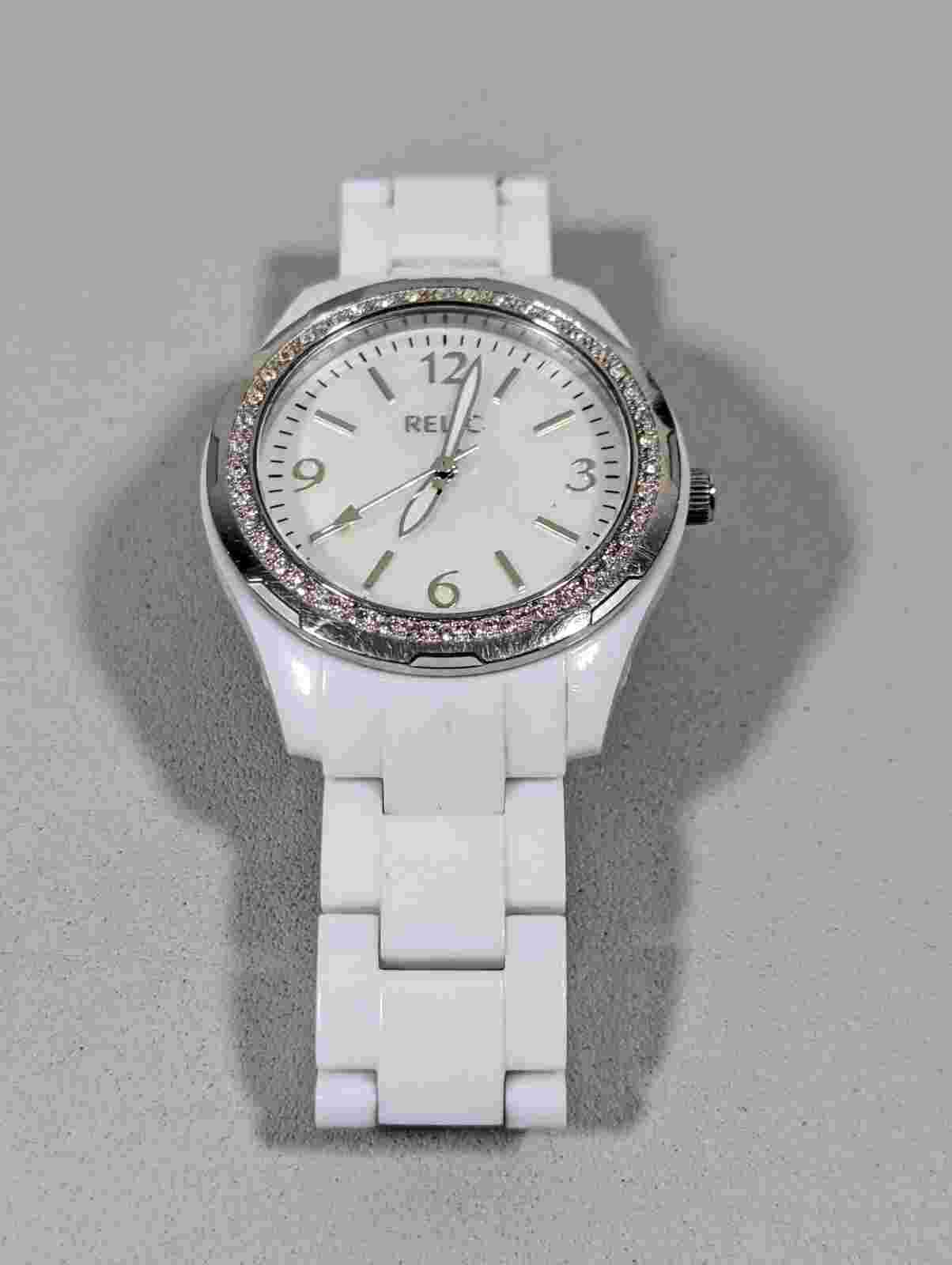 Relic Pearlized Dial Crystal Accent Round Case White Acrylic Link Band Watch