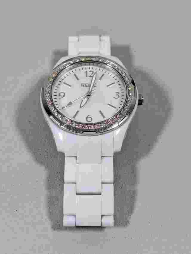 Relic Pearlized Dial Crystal Accent Round Case White Acrylic Link Band Watch