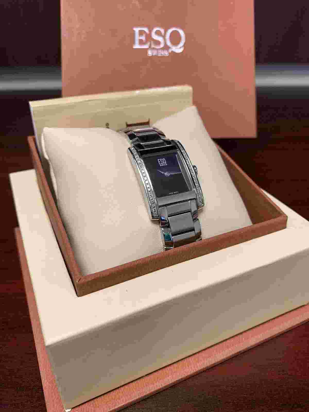 ESQ by MOVADO Swiss Silver DIAMOND Bezel Black Dial Women's Watch E5428-07101101