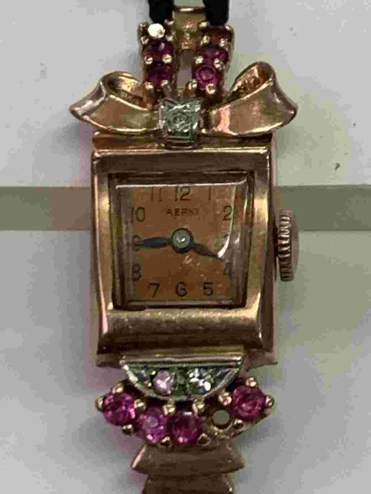 Vintage Art Deco Women's 14k Rose Gold, Ruby & Diamond Watch/Aerni - non working
