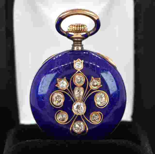 Vintage Estate Tiffany 18k Gold Blue Enamel Old Miner Cut Diamond Pocket Watch