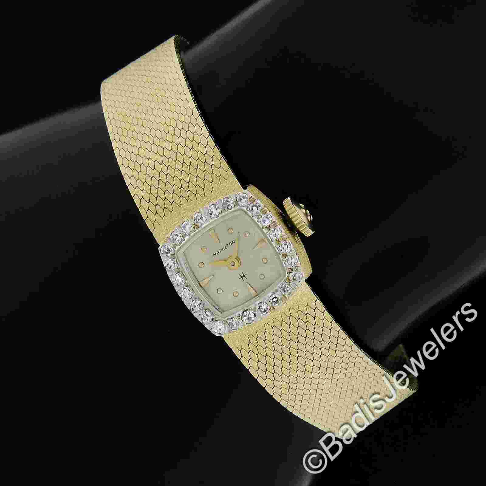 Ladies Hamilton 14k Yellow Gold Mechanical Wrist Watch Bracelet w/ Diamond Bezel