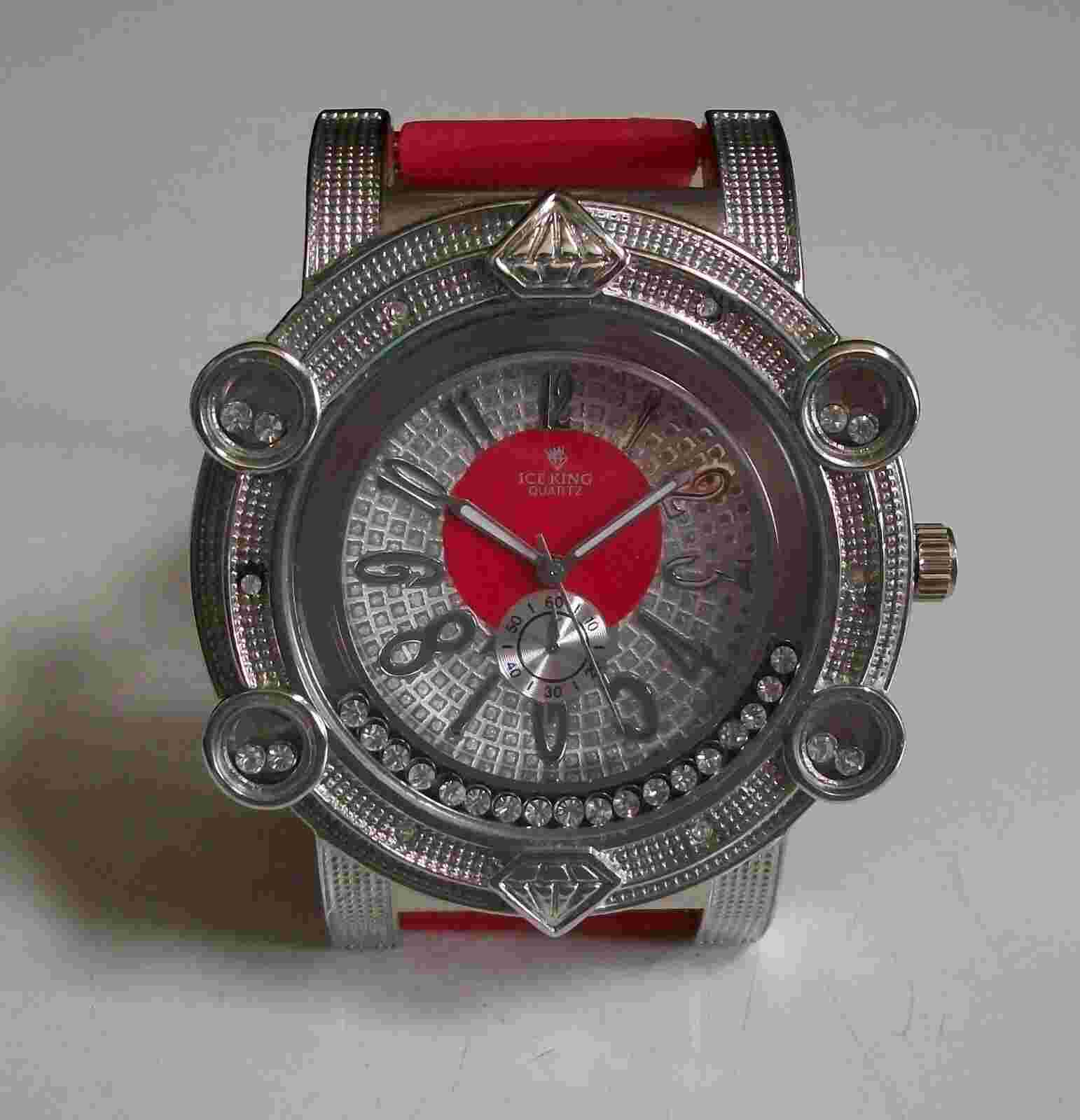 Men's Stone Red Silicone Band Silver Finish Dressy Casual Fashion Hip Hop Watch