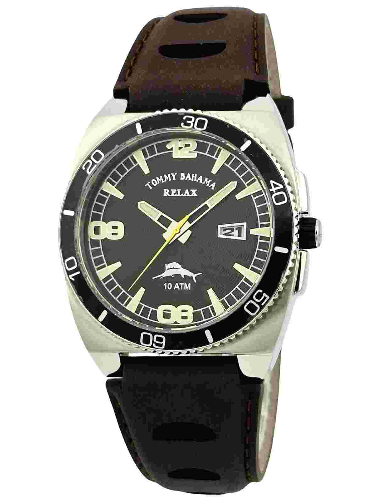 Tommy Bahama RLX1022 SHORE THING Blk Dial Timing Bezel Brown Leath Strap Watch