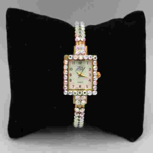 Kirks Folly Aurora Borealis Rhinestone Watch Hinged Cuff Bracelet Gold Tone