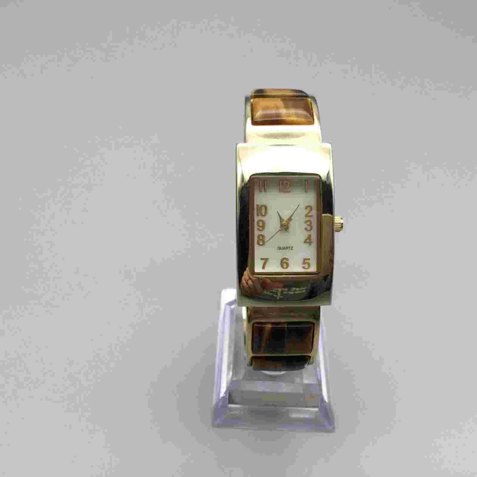 MZ Berger Watch Women 22mm Gold Tone Brown Tiger Eye Open Cuff New Battery