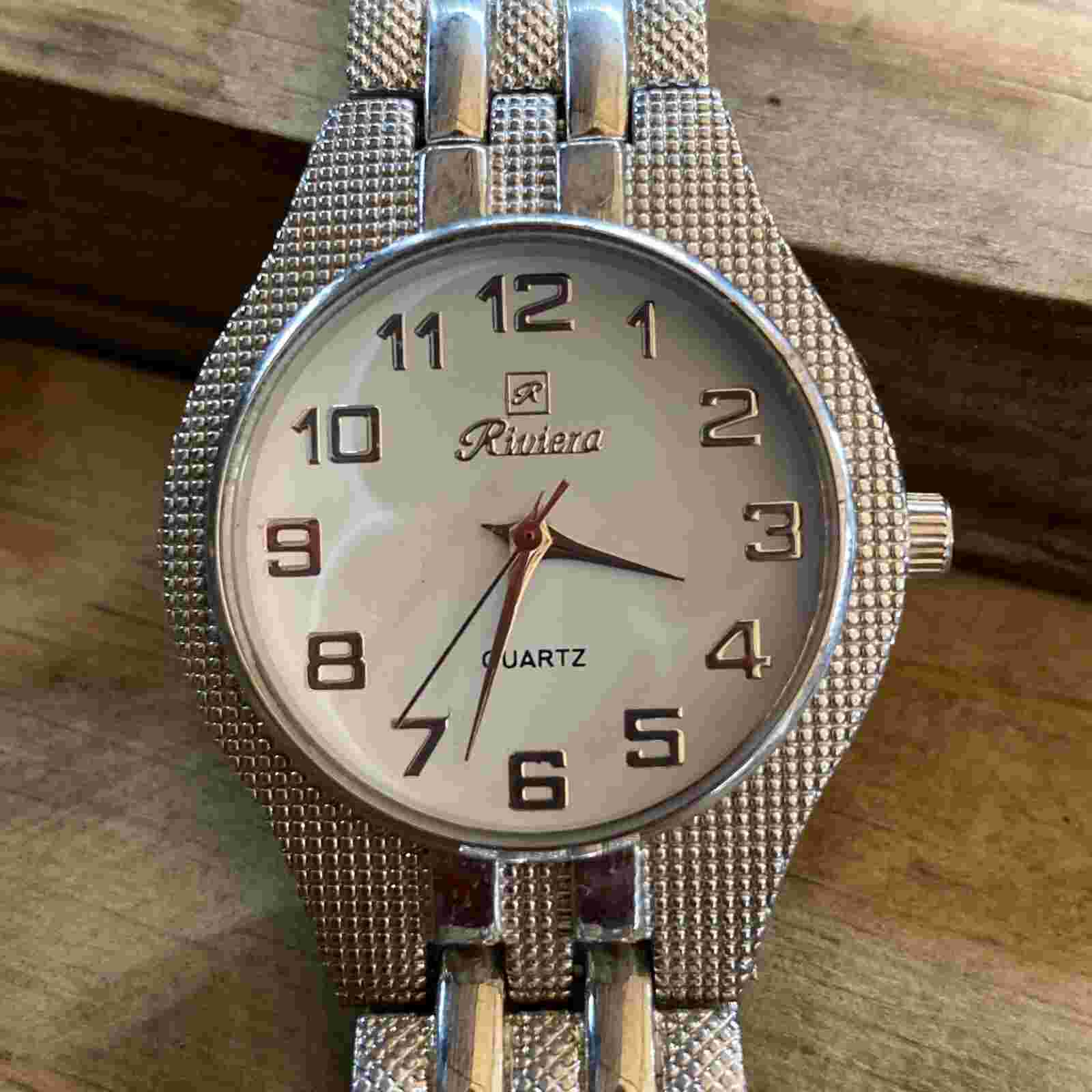 Riviera White Dial Textured Round Silver Tone Case Link Bracelet Band Watch