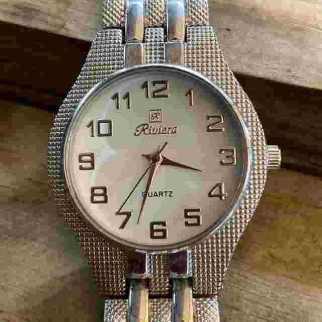 Riviera White Dial Textured Round Silver Tone Case Link Bracelet Band Watch