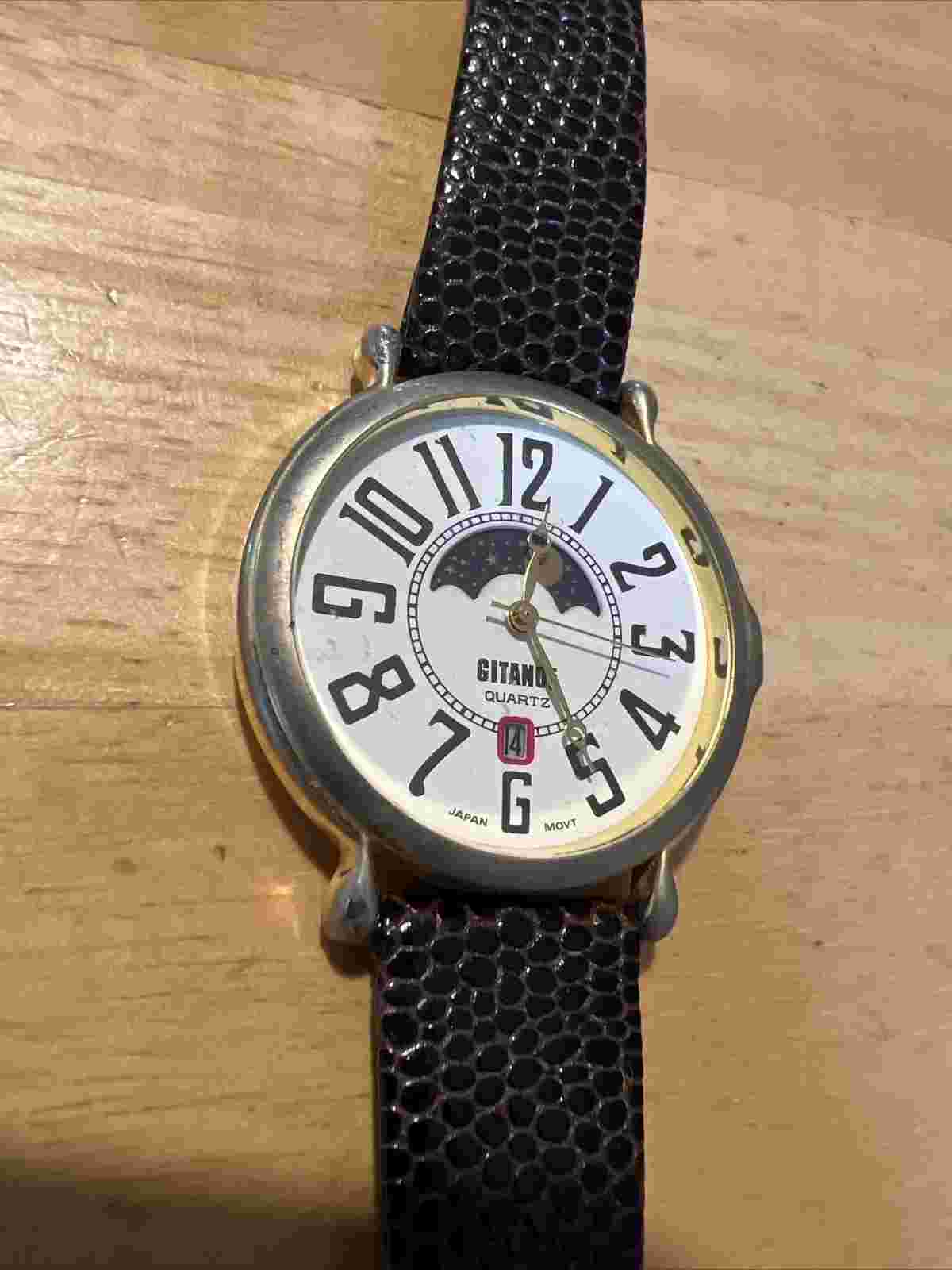 Vintage Gitano Ladies Quartz Watch Moonphase Untested Gold Color Moon Phase