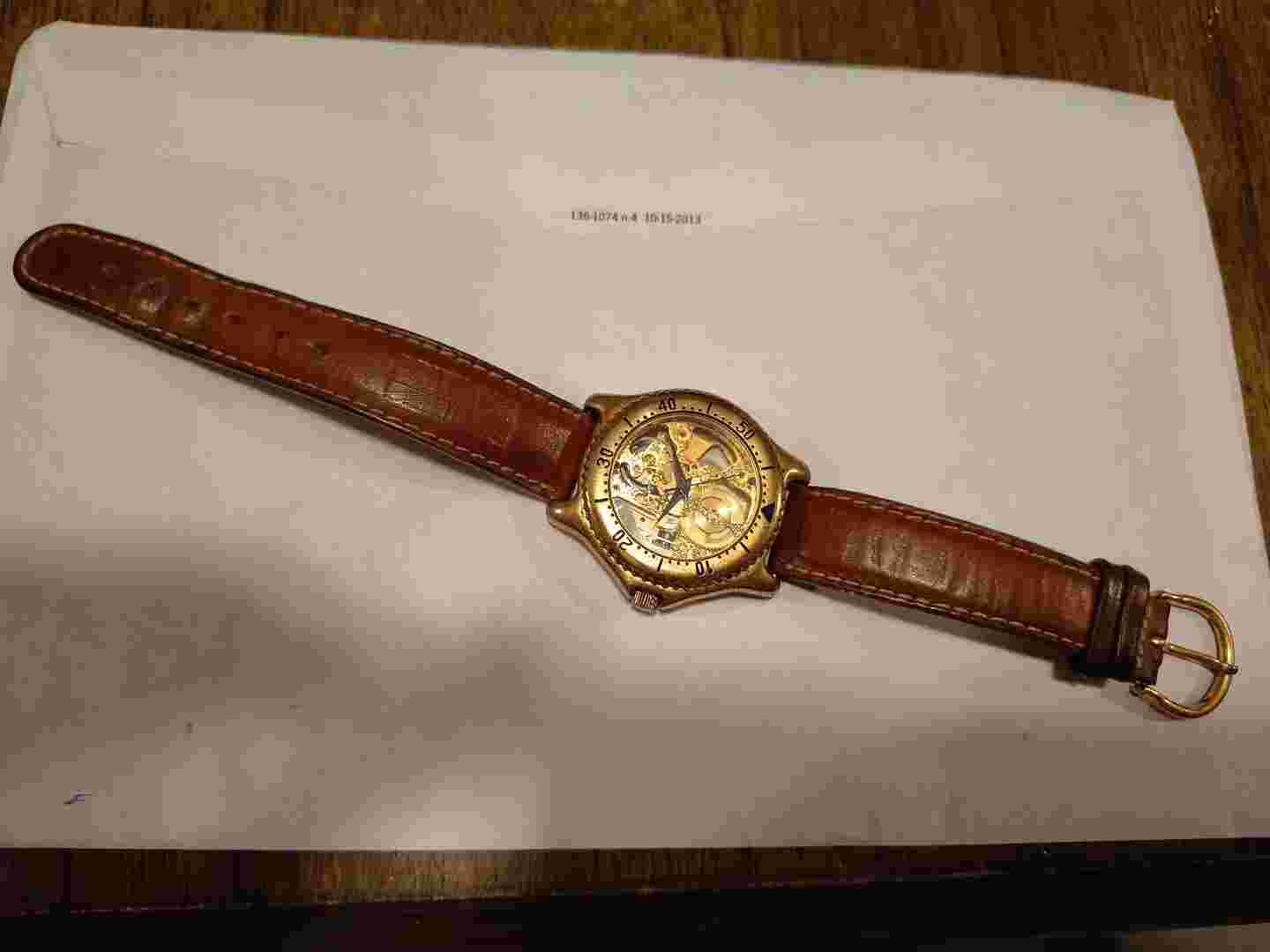 Vtg 90s Brittania 1 Jewel Skeleton Full Exhibit WindUp Wrist Watch Leather Works