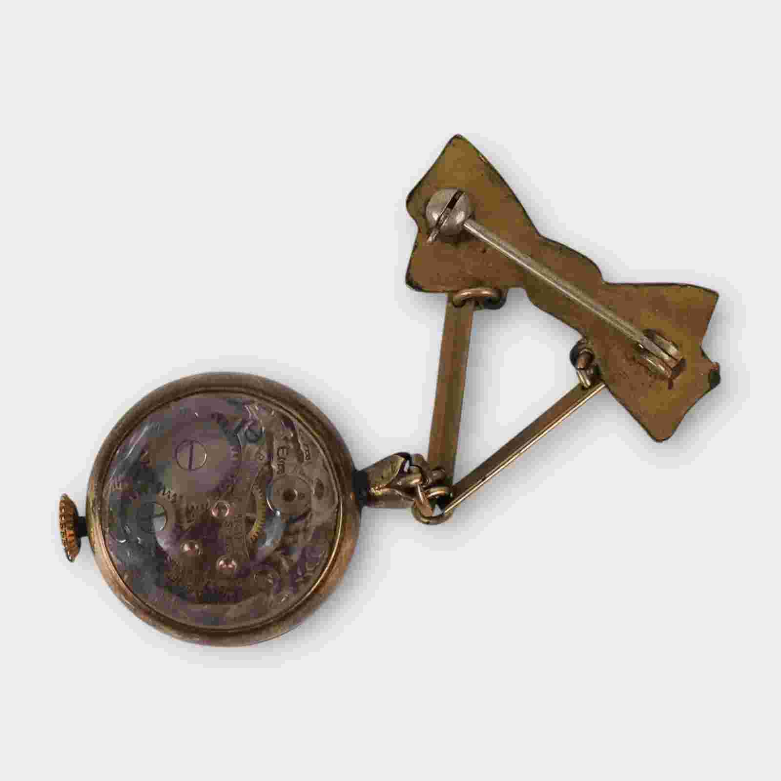 Vintage Banner Watch Bubble 7 Jewels Gold Bowtie Dangle Pin Swiss