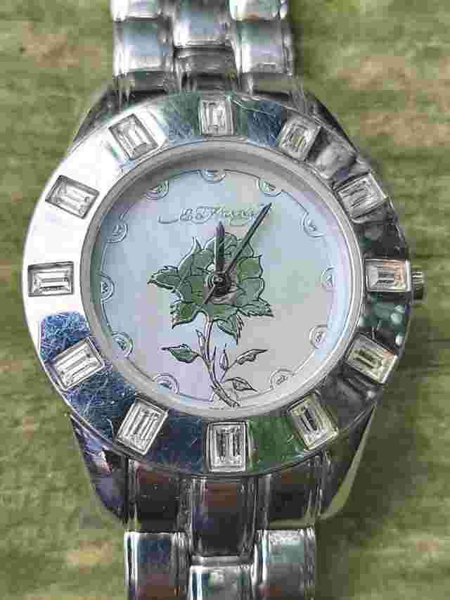 Ed Hardy womens Watch Silver with Mother Of Pearl Silver Rose Dial(Read)