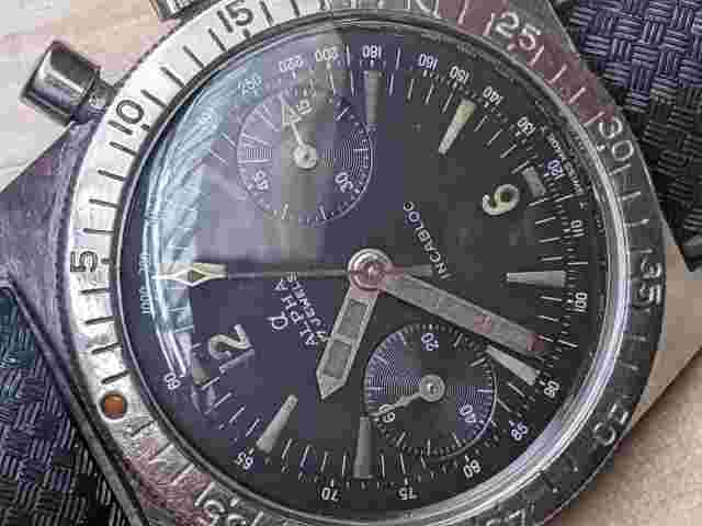 Vintage 1960's Alpha 15 ATM All SS Divers Chronograph w/Patina,Valjoux 92 Mvmt