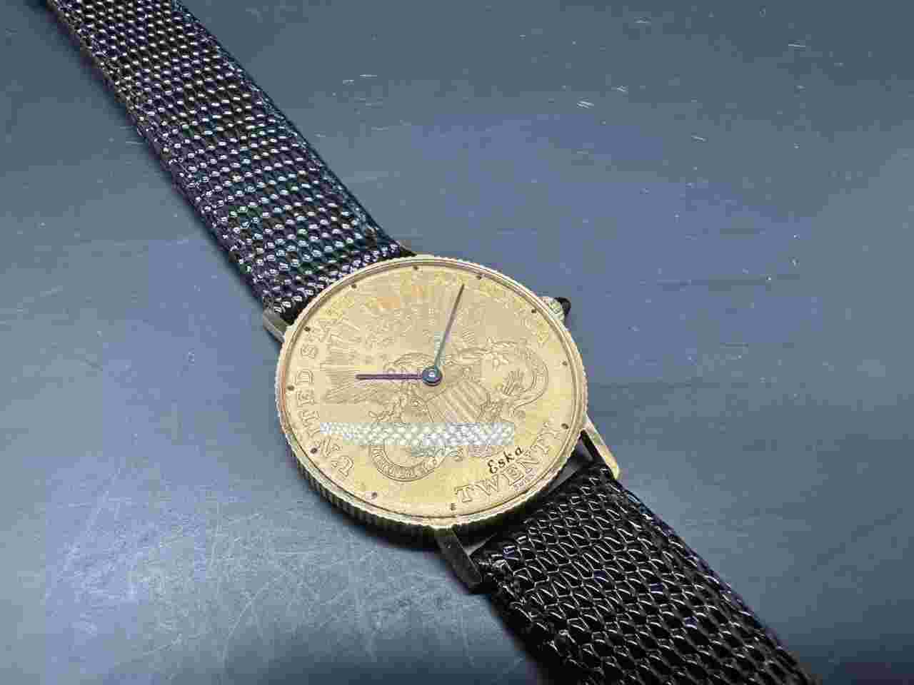 Vintage Eska 18kt Gold Edge Case With U.S Coin Face Dress Watch.