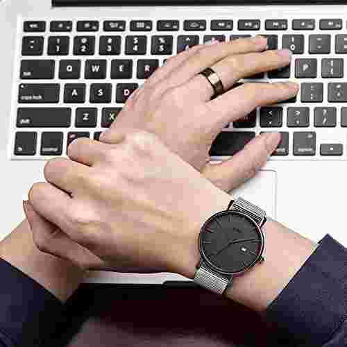 BUREI Men's Fashion Minimalist Wrist Watch Analog Date Gray Black 19003