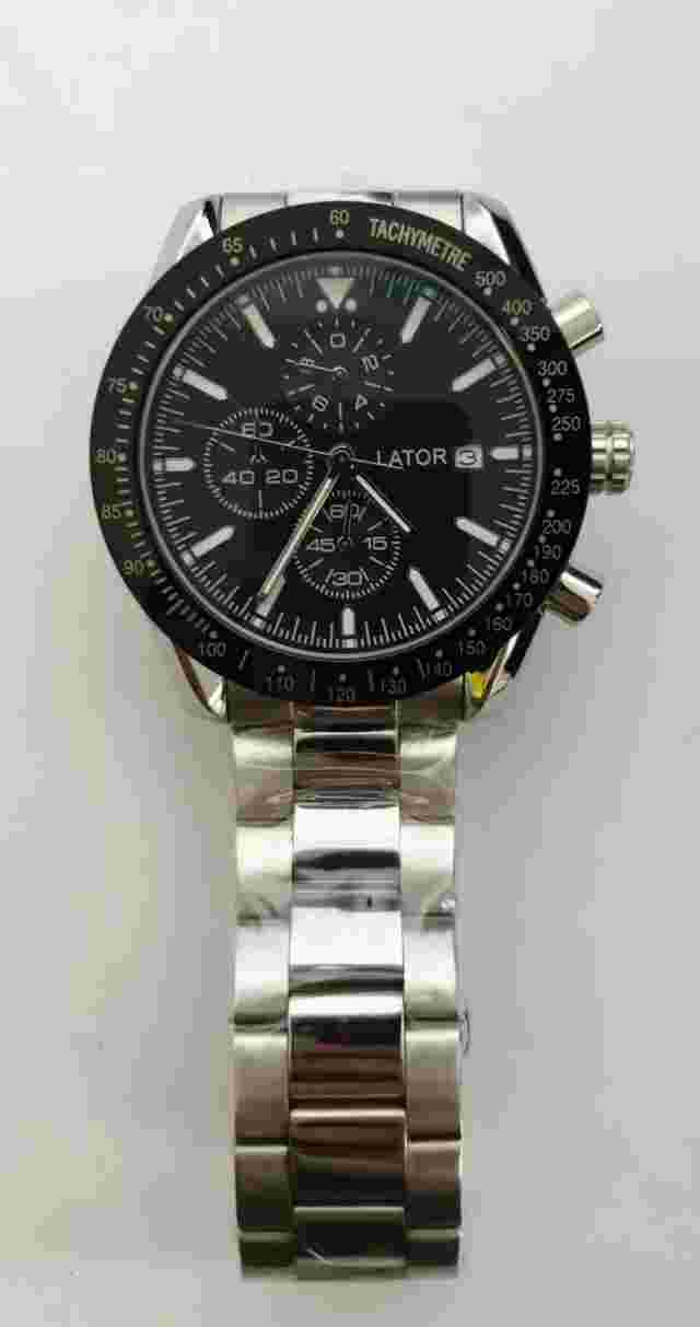 MENS LATOR CALIBRE CHRONOGRAPH WATCH BLack DIAL STAINLESS STEEL STRAP REF A10