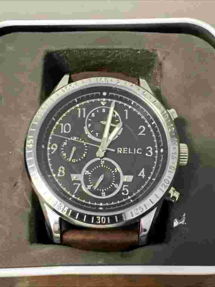 Relic ZR15863 Mahoney Men's Watch BLACK DIAL, Leather Band 43mm Quartz Analog