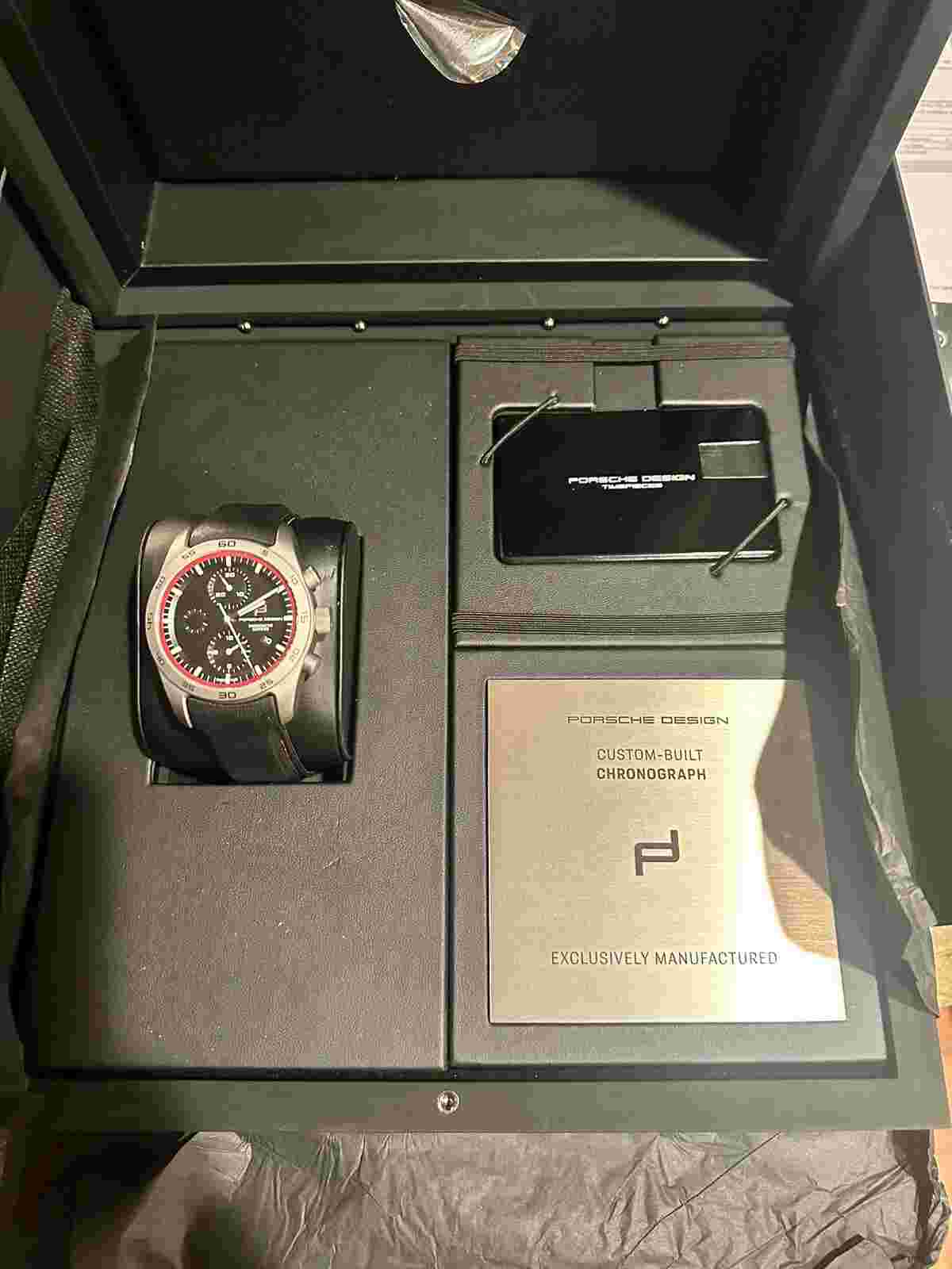 Porsche custom watch by PORSCHE DESIGN black leather band with red pinstrip NEW