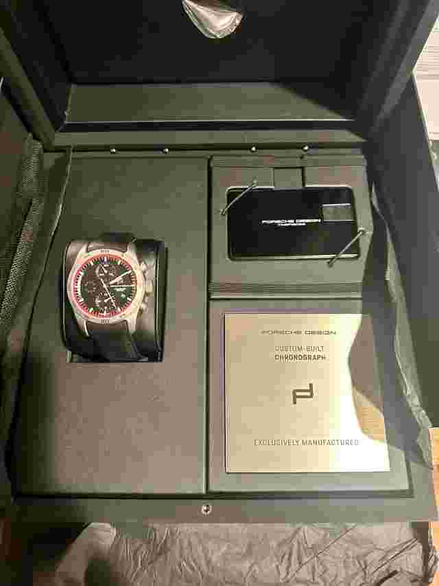 Porsche custom watch by PORSCHE DESIGN black leather band with red pinstrip NEW