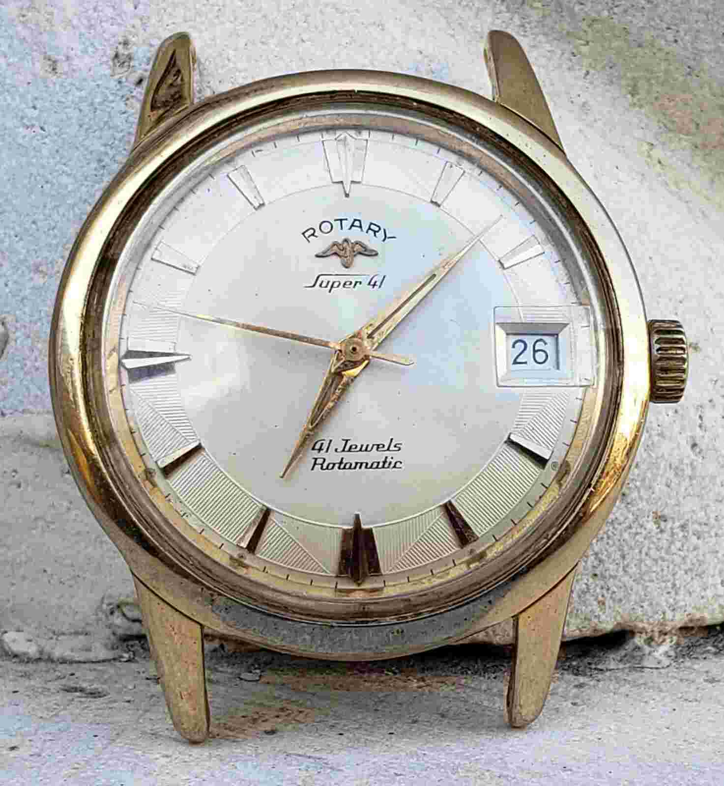 RARE VINTAGE COMPRESSOR ROTARY SUPER 41 JEWELS GOLD CAPPED AUTO 33MM WATCH