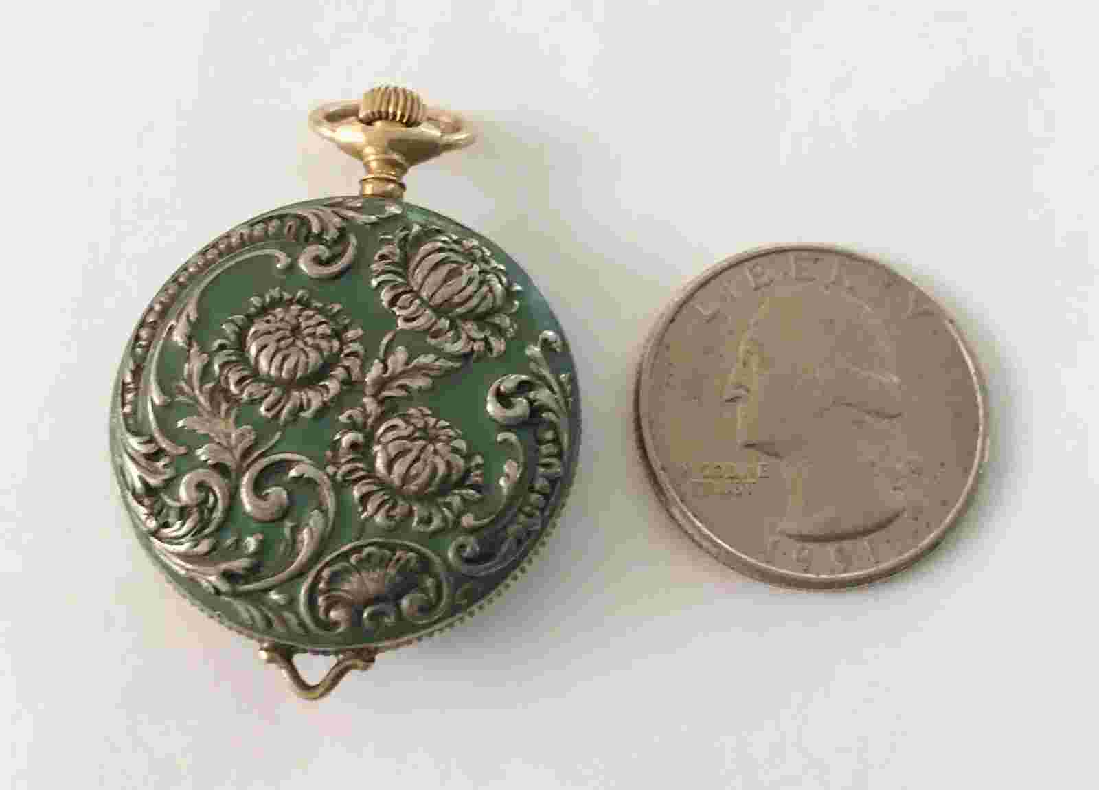 Antique Art Nouveau Sterling Green Enamel Watch With Flowers