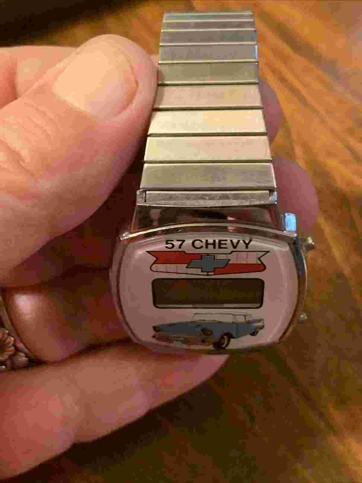 Vintage 57 Chevy LCD Wristwatch Blue Car Silver Watch Chevrolet Bowtie Emblem