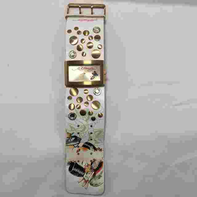 ED HARDY Wristwatch Geisha Print White Leather Strap w/Studs Watch