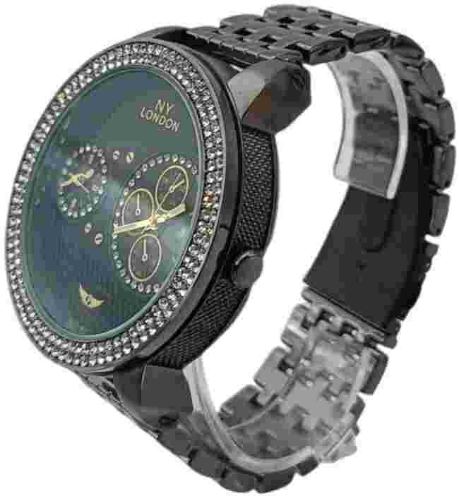 NY London Men's Dual Time Zones Watch Fashion Dress Diamond Black Analog Quartz.