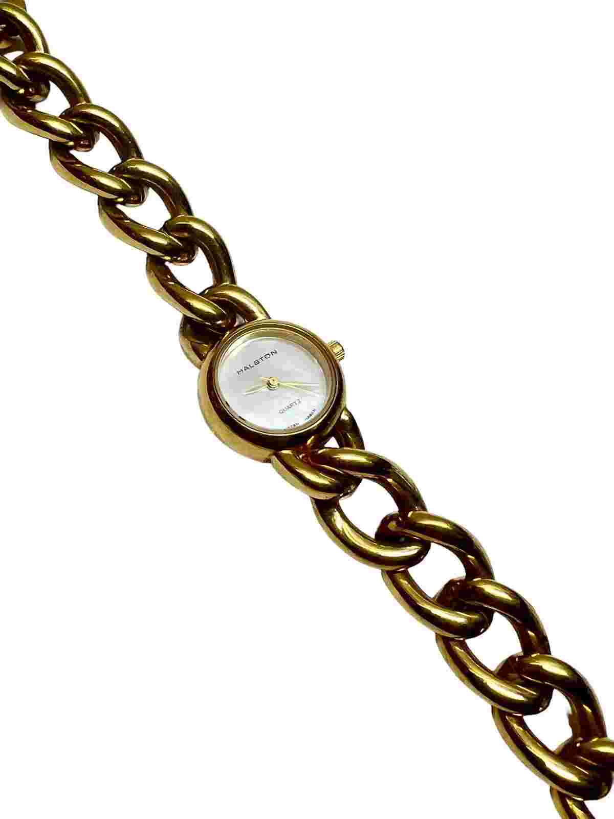 Vintage Halston Women's Mother Of Pearl Gold Chain Bracelet Watch HA8031