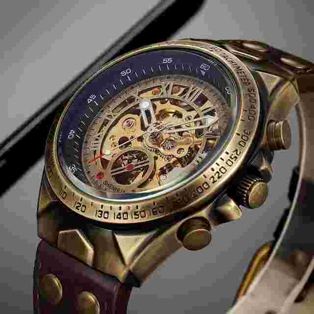 Shenhua Vintage Men's Transparent Skeleton Automatic Mechanical Band Wrist Watch