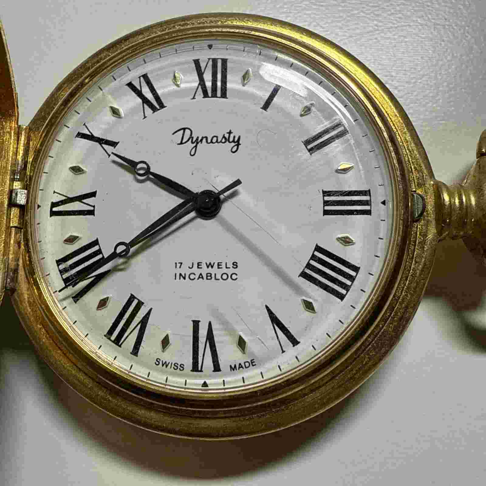 Dynasty 17 Jewels Incabloc Pocket Watch, Has Crack On Lens Cover /has Engravings