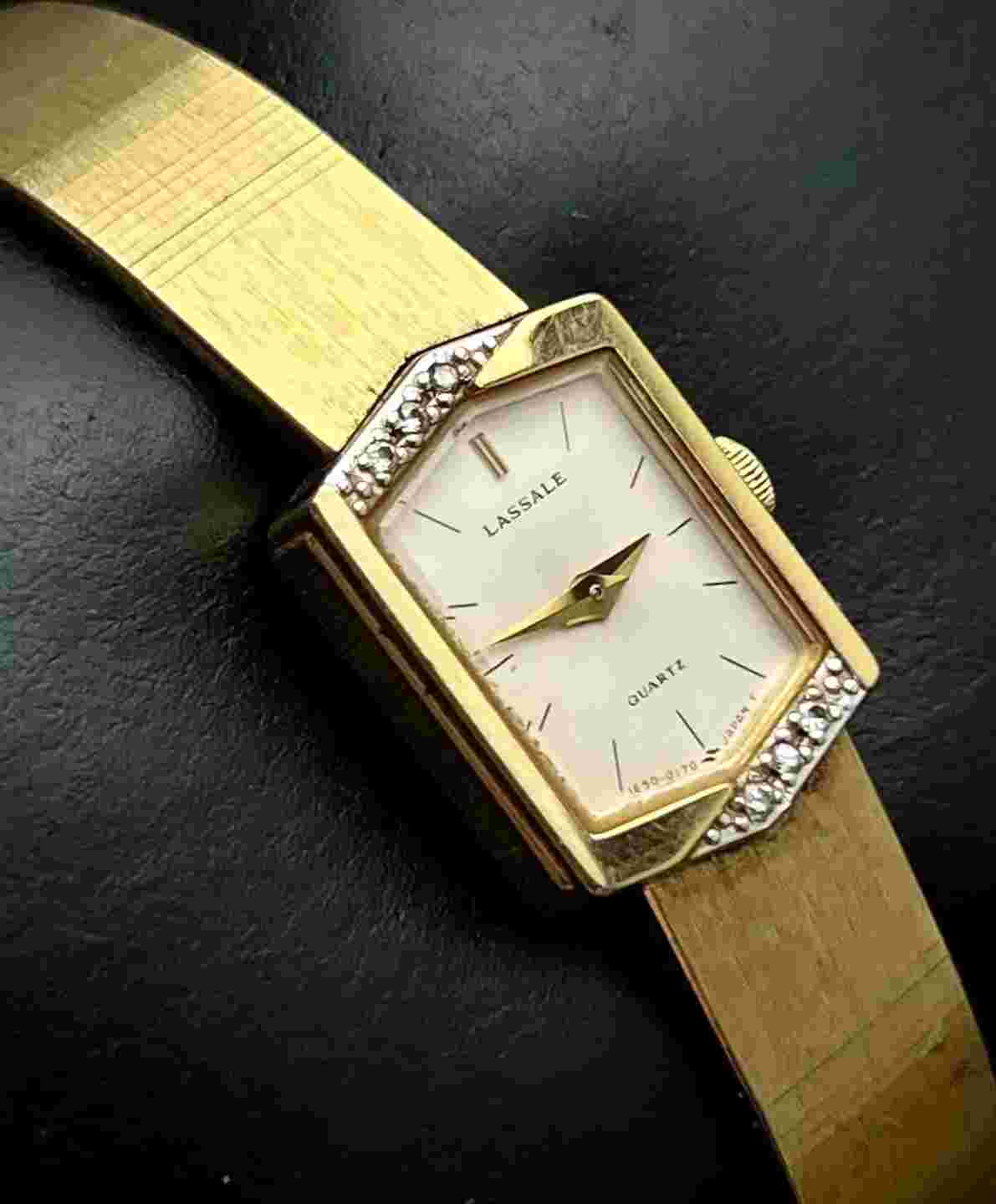 Vintage New 1984 LASSALE Seiko Diamond 18mm Women’s Quartz Watch Gold Cream MOP