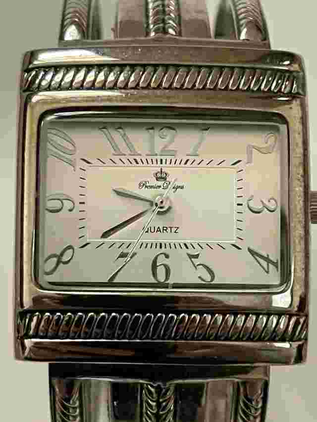 Premier Design Watch Women Silver Tone Rectangle Dial Open Cuff New Battery NICE