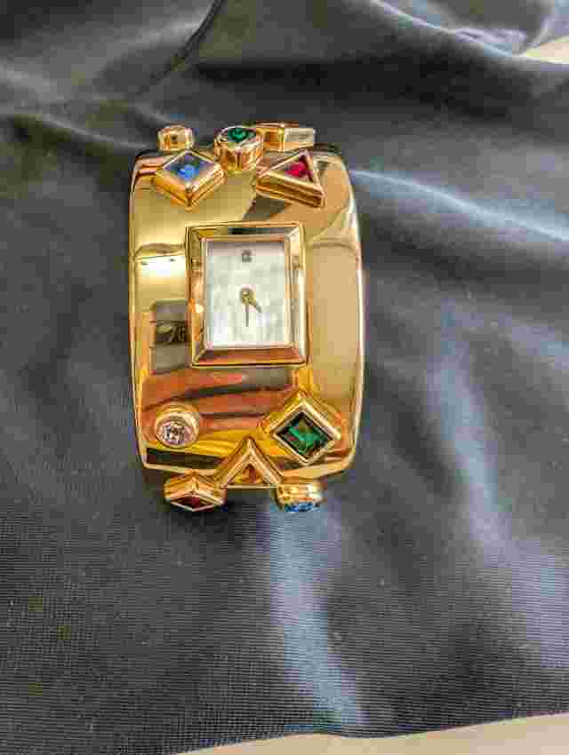 Stunning Franklin Mint Gold Tone Rhinstones Cuff Watch Bracelet