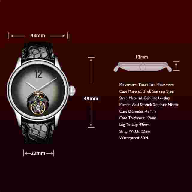 MERKUR Men Tourbillon Watch 43mm Vintage Mechanical Wristwatch Goldstone Dial