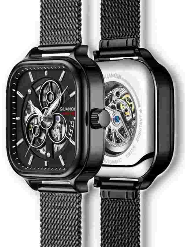GUANQIN Waterproof Luminous Automatic Watch, Square Dial, Stainless Steel Strap