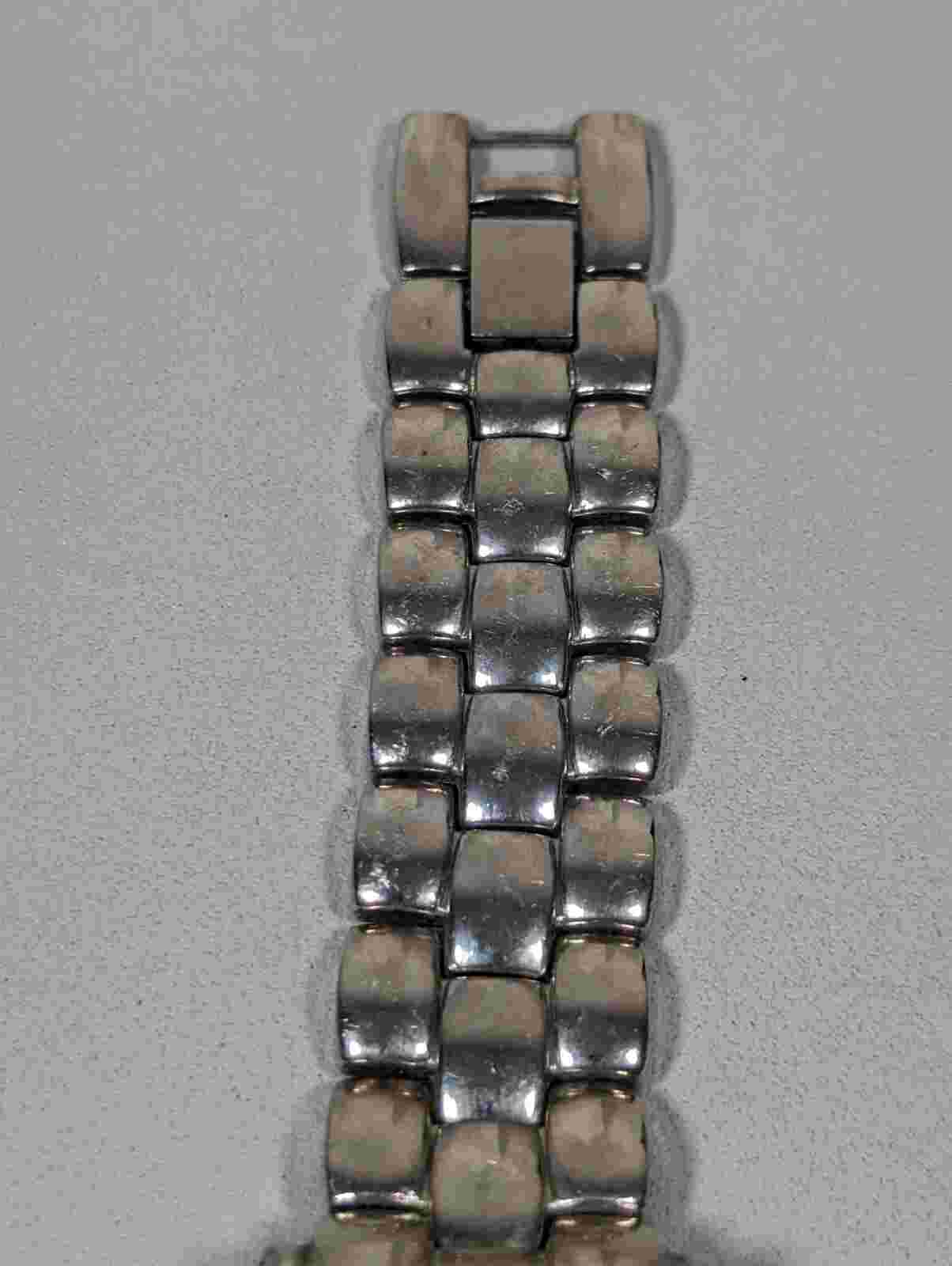 Studio White Pearlized Dial Crstal Accent Silver Tone Round Case Link Band Watch