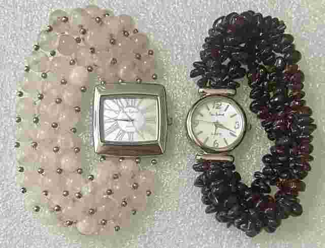 Lot 2 Gem Essence MOP Stretch Bracelet Watches ROSE QUARTZ & GARNET Need Battery
