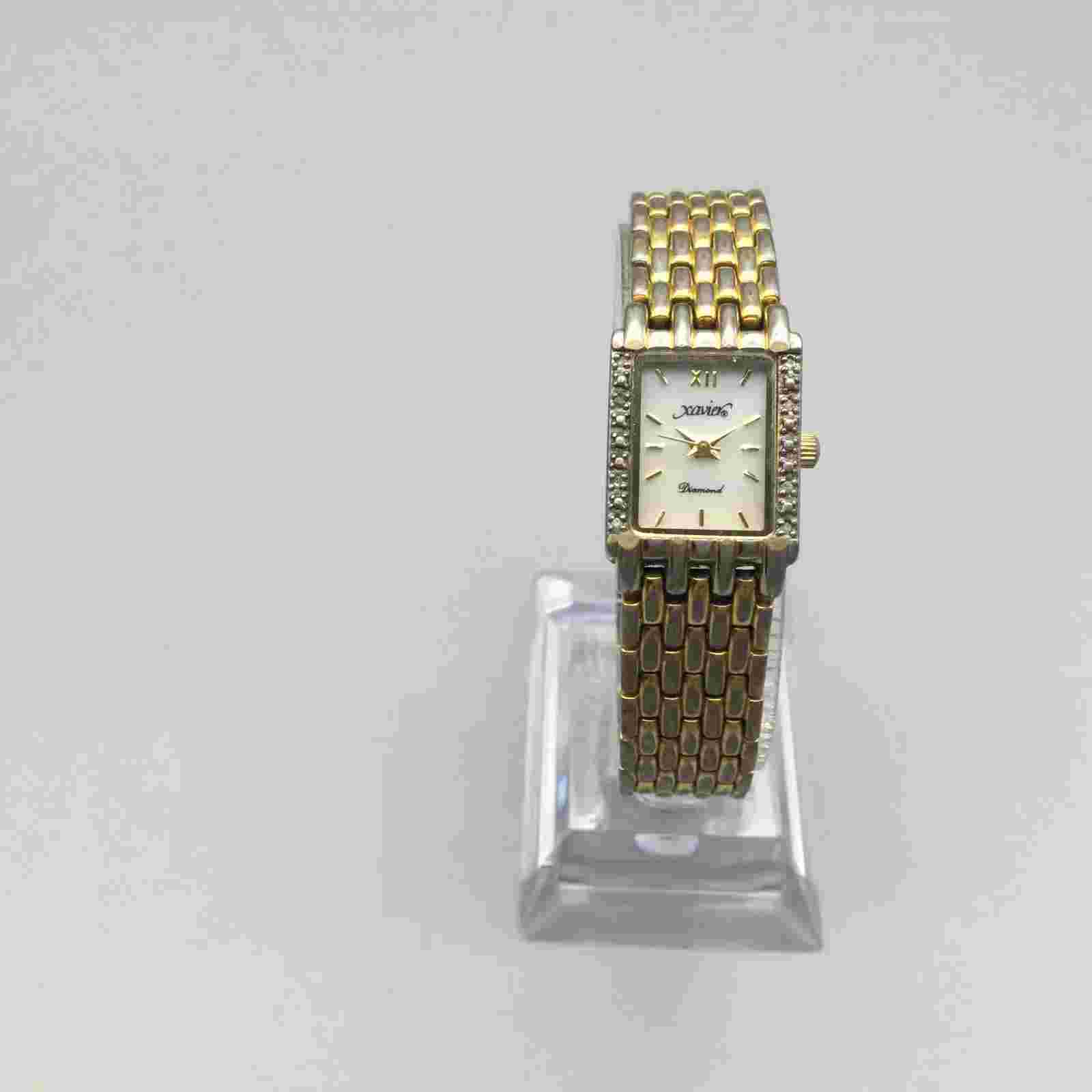 Xavier Diamond Tank Watch Women 17mm Gold Tone MOP Dial New Battery 6"