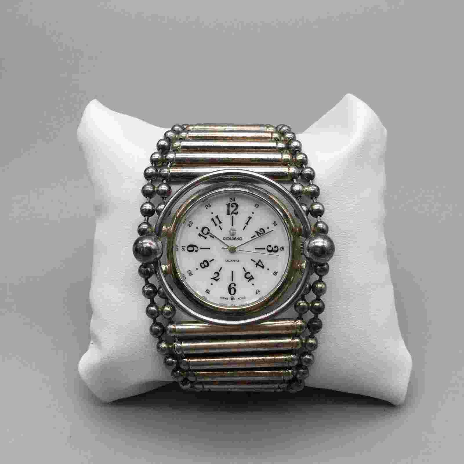 Giordano Watch Women 51mm Silver Tone Wide Tube Link Band New Battery 8.5"