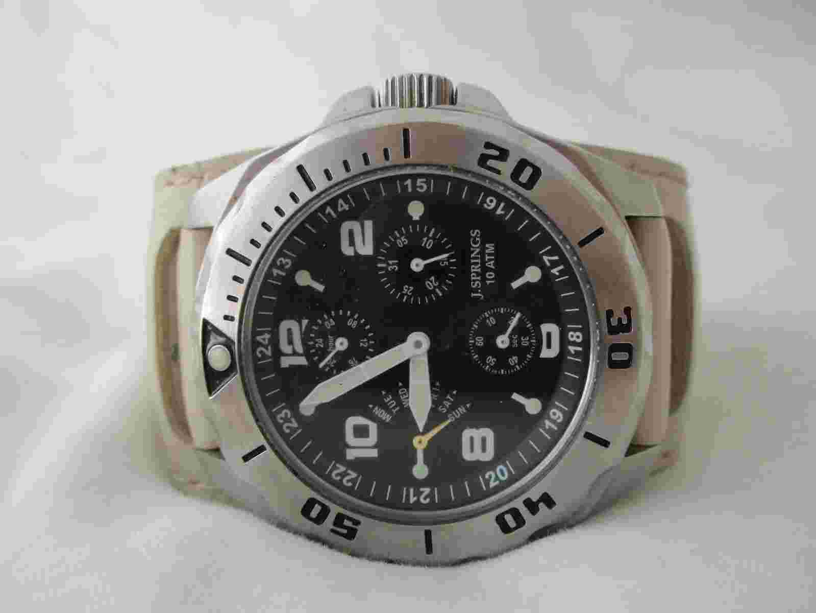 J Springs Men's Water Resist Beige & Silver Toned Wristwatch w/ Adjustable Band