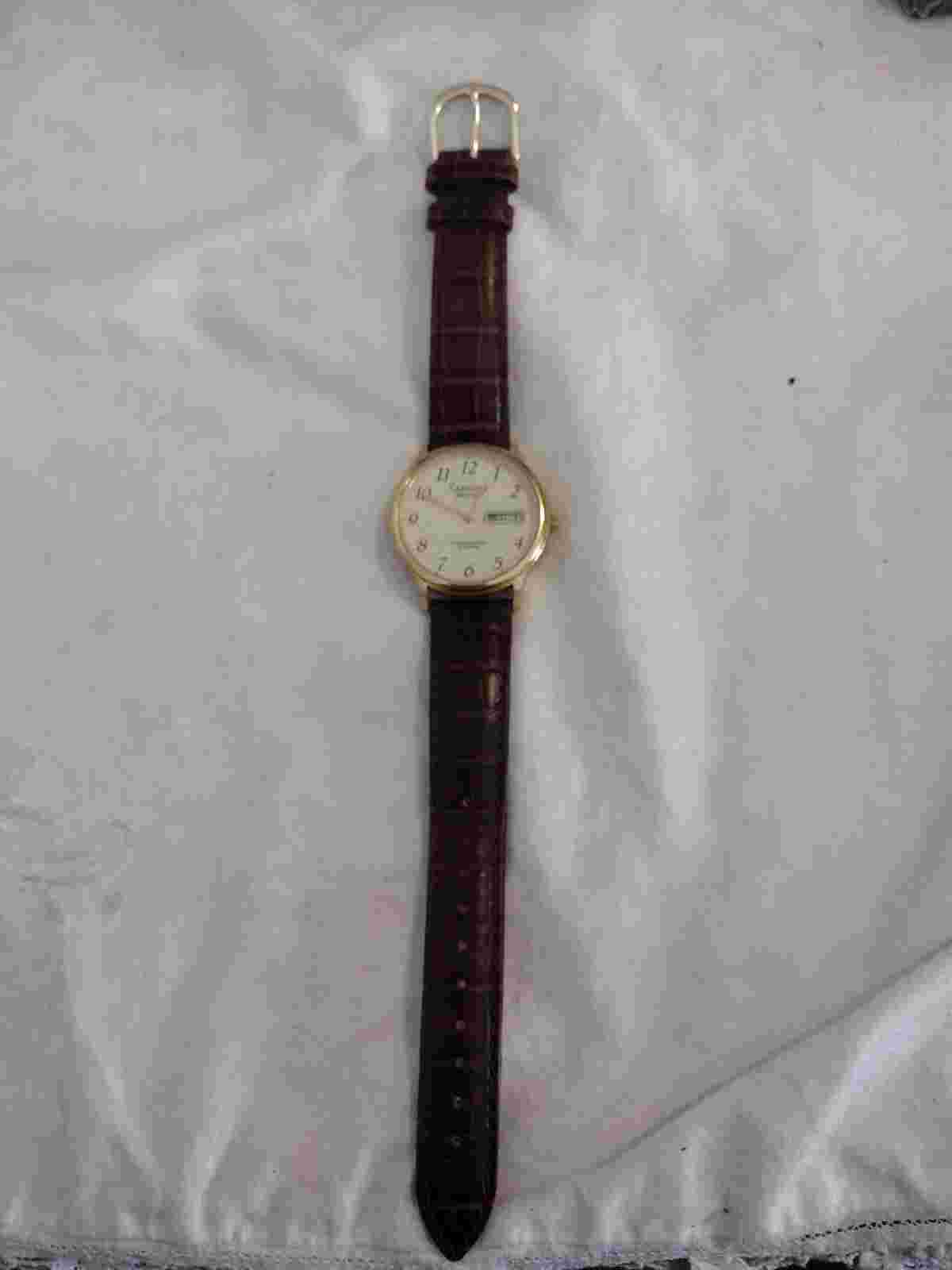 Carriage Watch Gold & Tone W/ Leather Band Water Resist 30m Indiglo *Working*