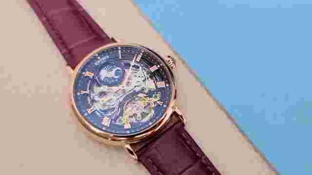 Mens Dual Time Flywheel Automatic Mechanical Watch Rose Gold Purple Leather
