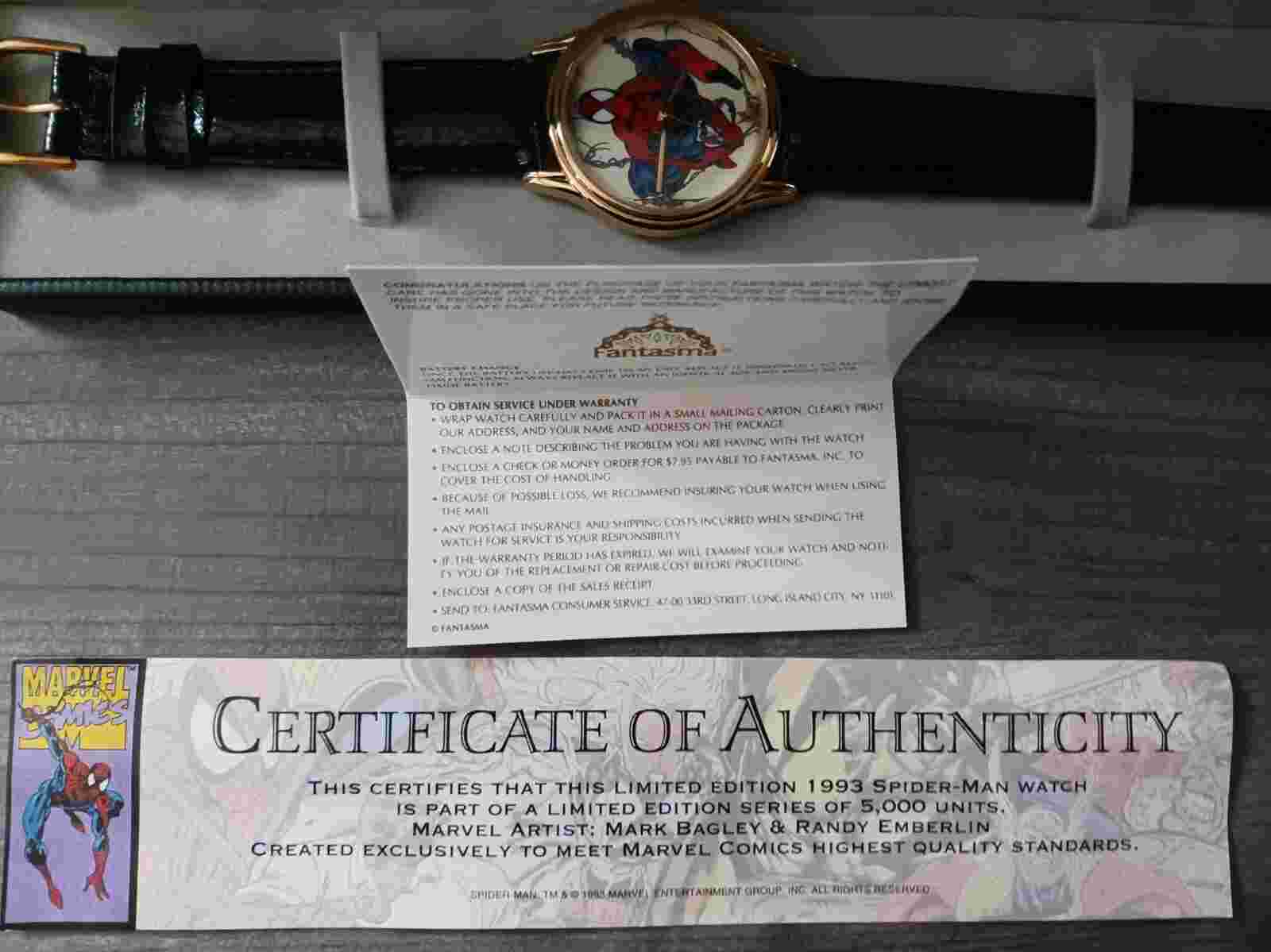 NEW SPIDER-MAN 1993 LIMITED EDITION FANTASMA WATCH #2796/5000 WITH BOX & COA NOS