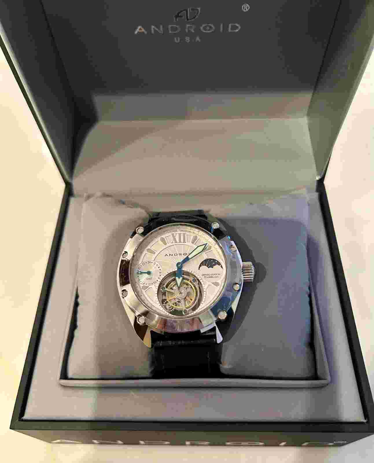 Android Men's Limited Edition Tourbillon Watch AD504AS White Face Black Leather