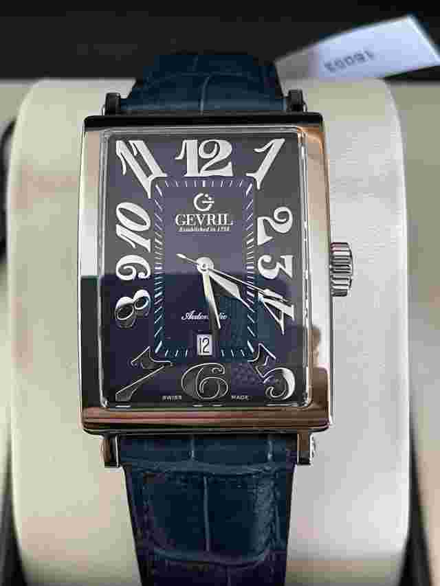 Gevril Avenue of Americas 44mm Silver Stainless Steel Case, Blue Leather Band, Men's Wristwatch - (15003-1)