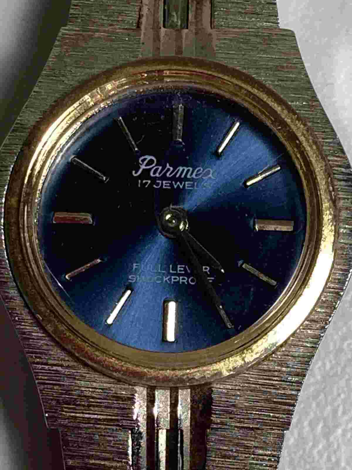 Vintage Parmex Stainless Steel Ladies Cocktail Watch Blue & Gold Dial 16.5cm