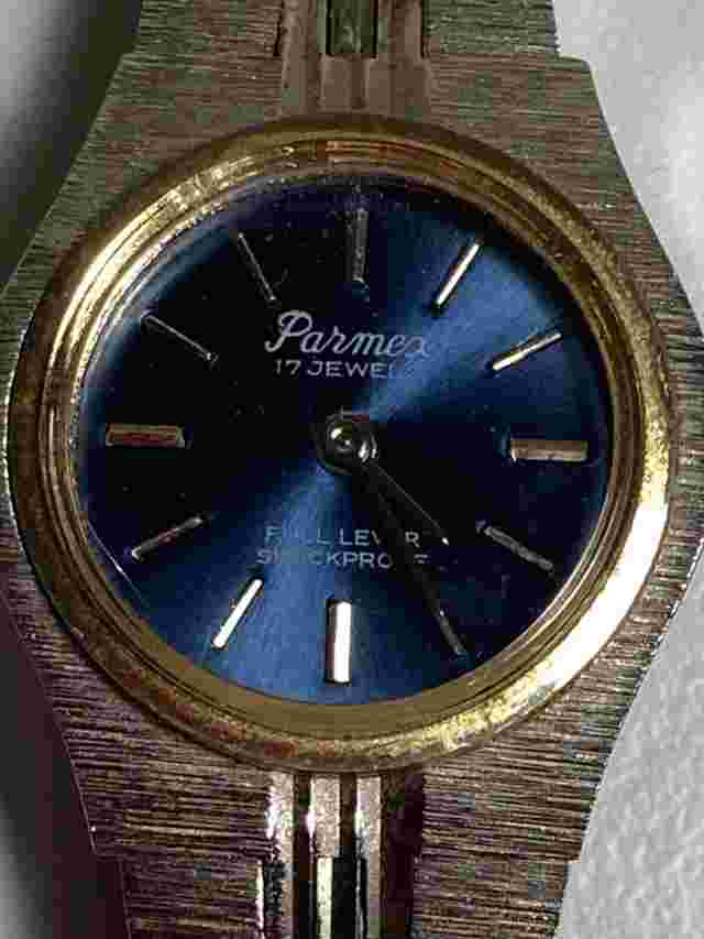 Vintage Parmex Stainless Steel Ladies Cocktail Watch Blue & Gold Dial 16.5cm
