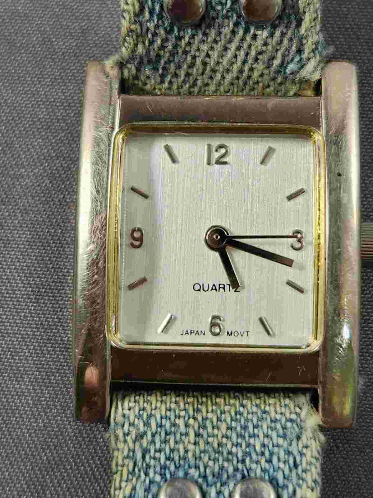 Vintage AVON Watch Blue Denim Silver Studded Band Square Face Quartz