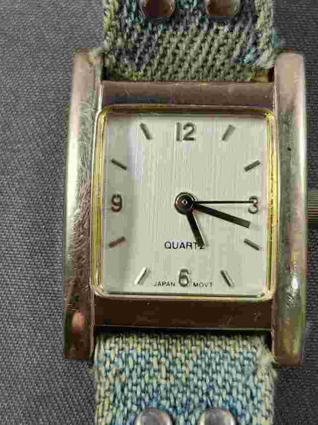 Vintage AVON Watch Blue Denim Silver Studded Band Square Face Quartz